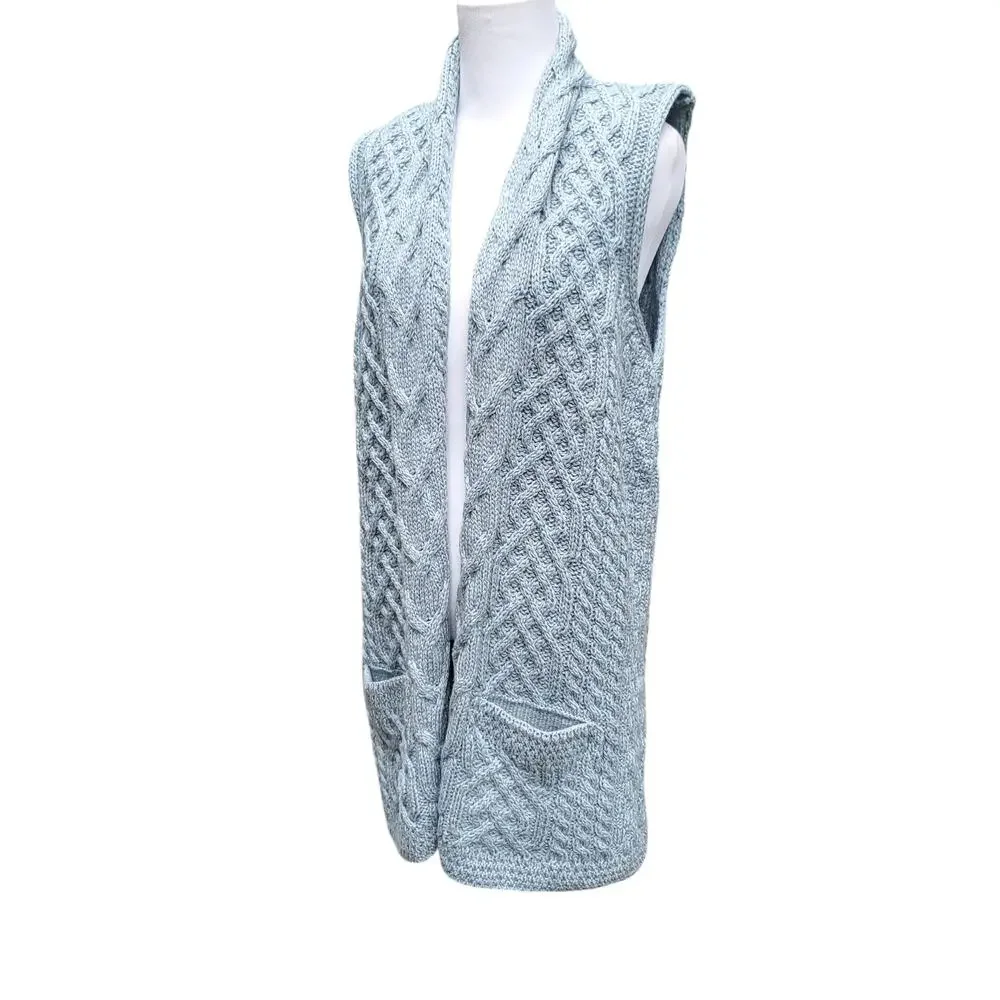 Kilronan Knitwear Blue Green Irish Wool Cable Knit Sweater Vest Cardigan Sz S